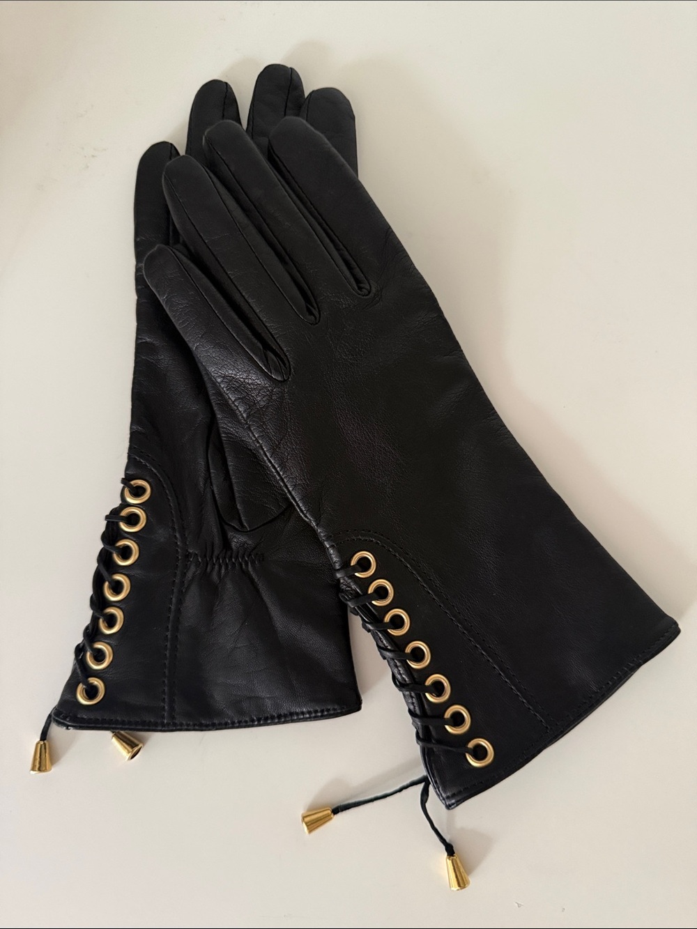 Preston & York Black Leather Gloves with Gold Eyelet Lacing 6.5